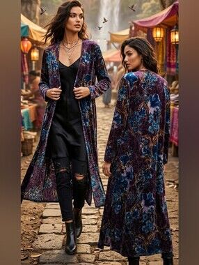Purple Velvet Floral Burnout Long Duster